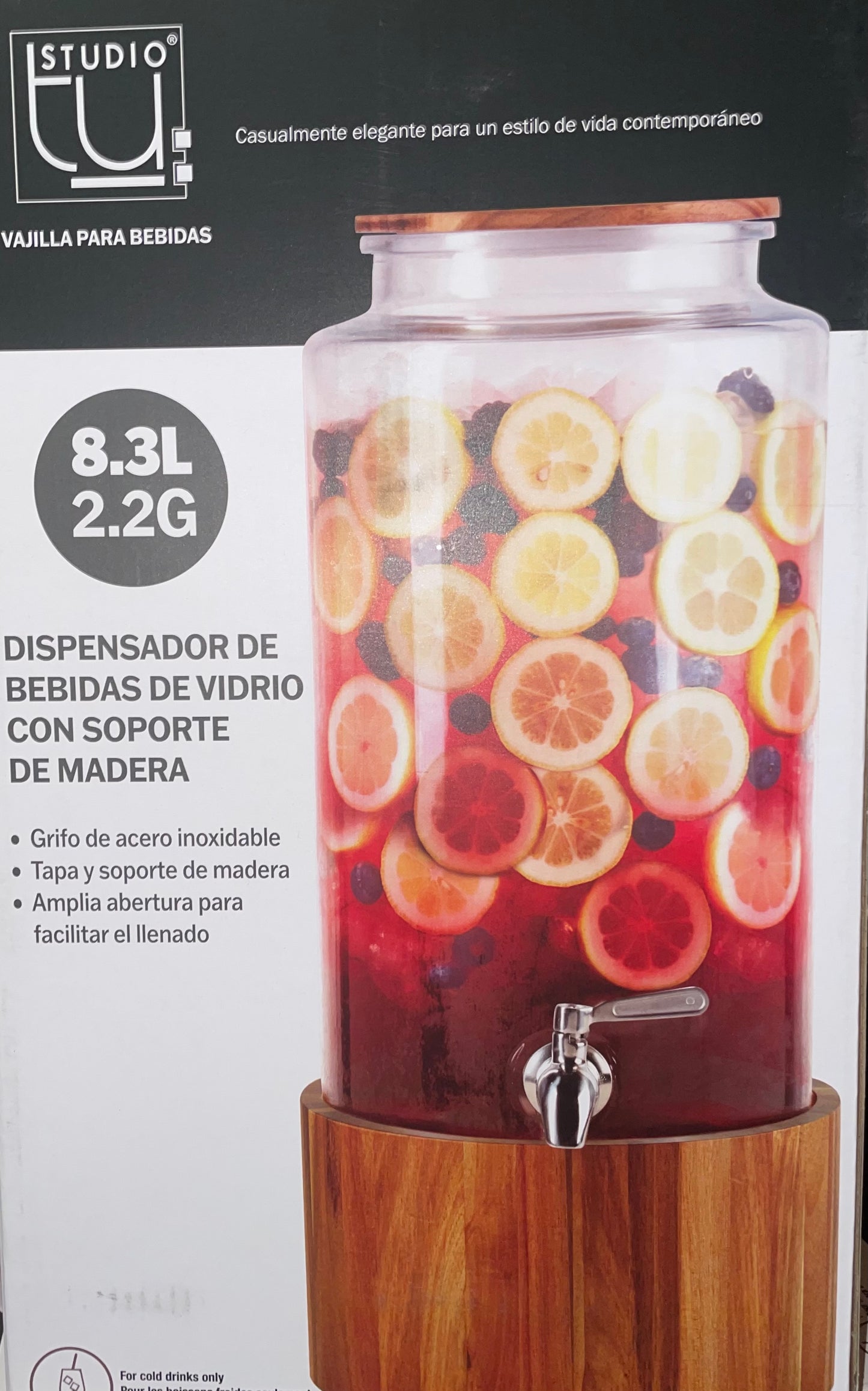The Studio Tu Glass Drink Dispenser with acacia wood stand