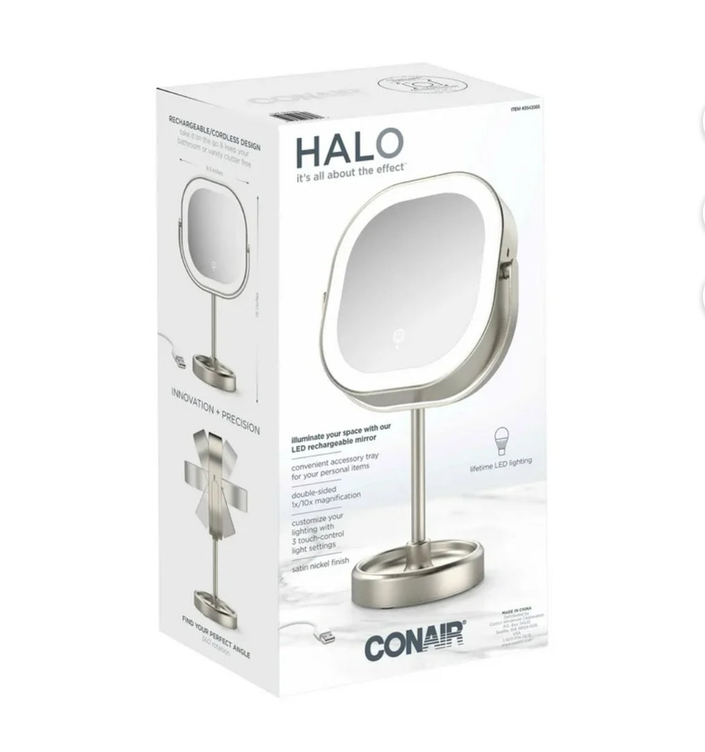 Conair Halo LED Double Sided 1x/10x Vanity Mirror 360° Rotation USB Rechargeable