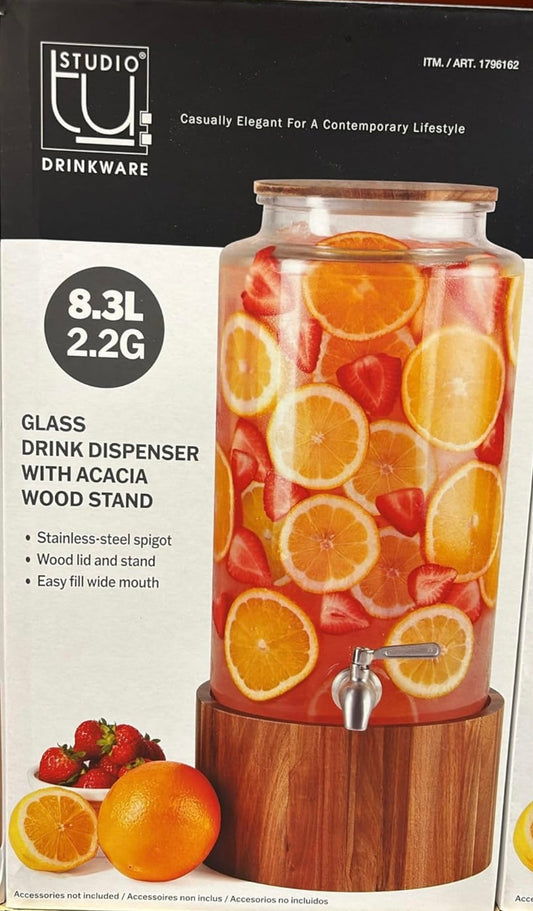 The Studio Tu Glass Drink Dispenser with acacia wood stand